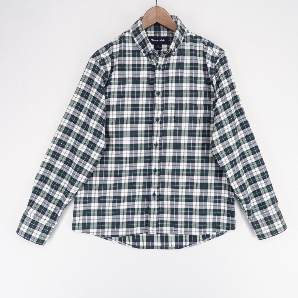 Mizzen+Main Flannel Shirt Mens L Blue Green Trim Fit Long Sleeve‎ Button Down